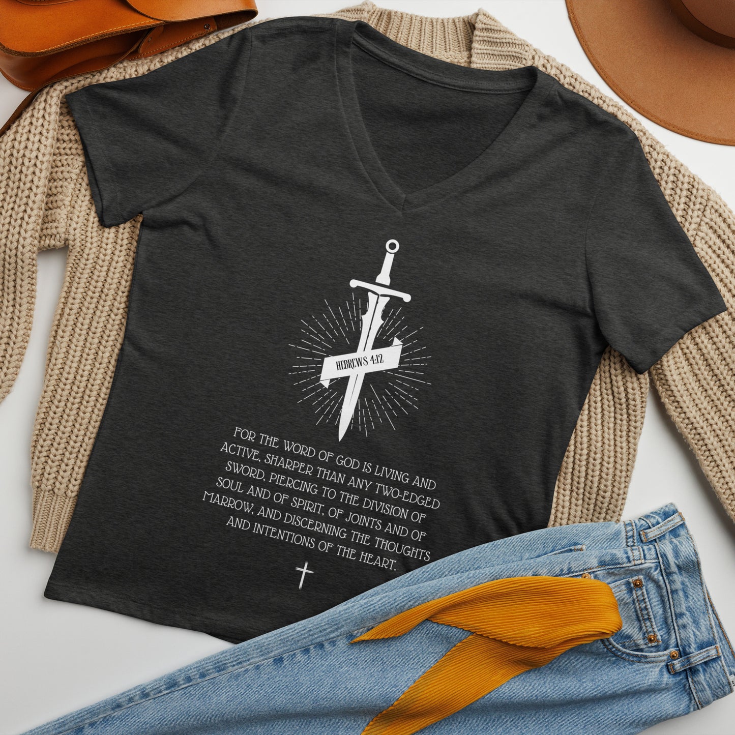 Hebrews 4:12, Sword, Women’s relaxed v-neck t-shirt, Various Colors