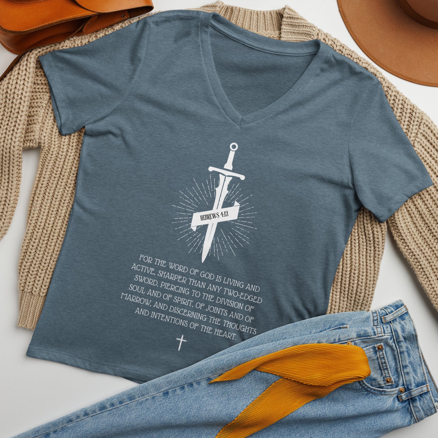 Hebrews 4:12, Sword, Women’s relaxed v-neck t-shirt, Various Colors