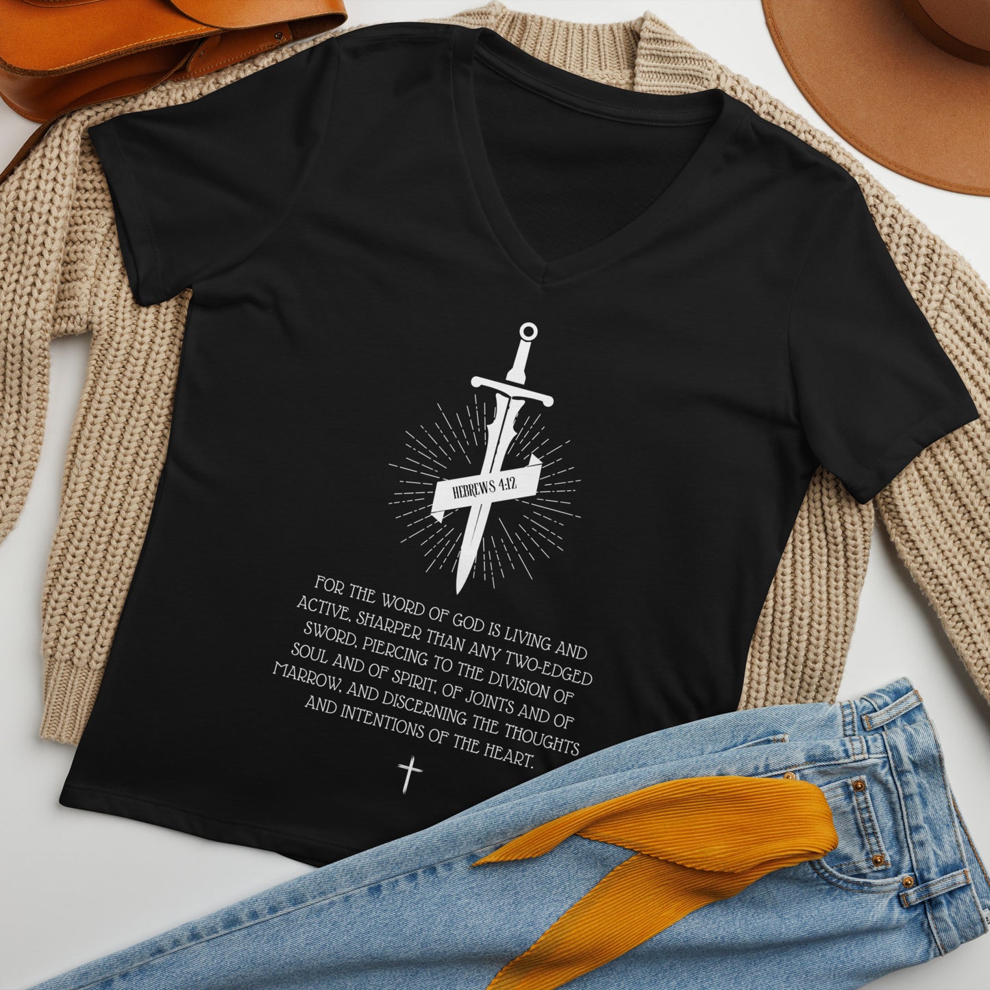 Hebrews 4:12, Sword, Women’s relaxed v-neck t-shirt, Various Colors